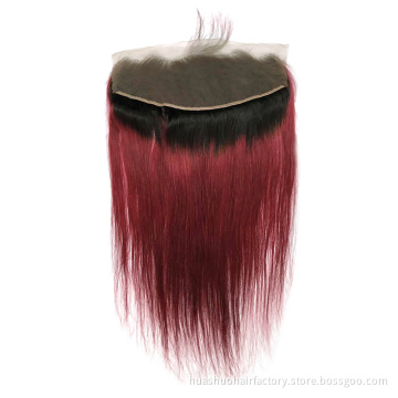 Single Donor 1B/Bug Red 13*4 Ear To Ear Remy Virgin Customized Brazilian Straight Human Hair Lace Frontal Piece